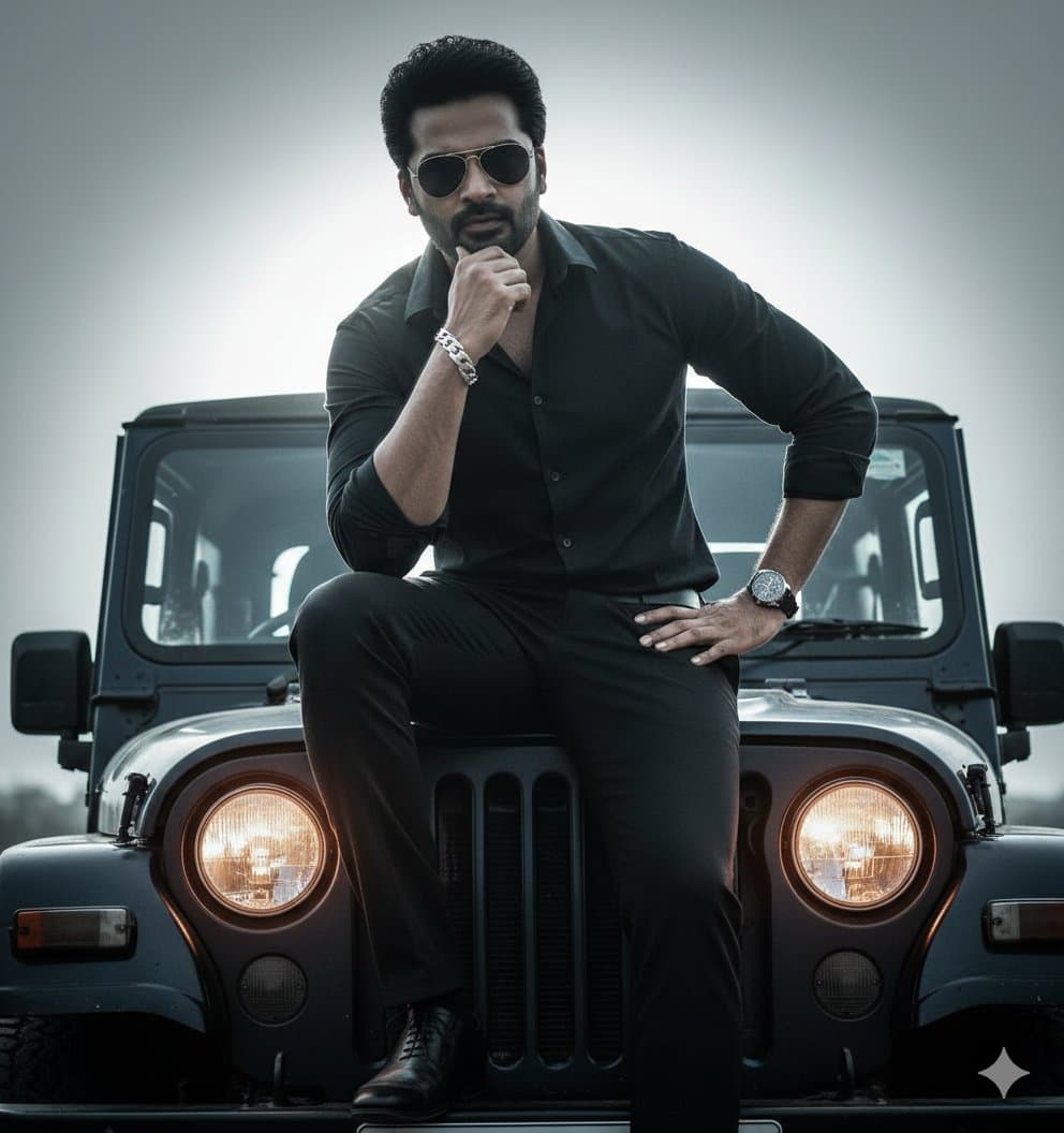 Hyper-Realistic Cinematic Portrait on a Jeep Hood Prompt — example 3