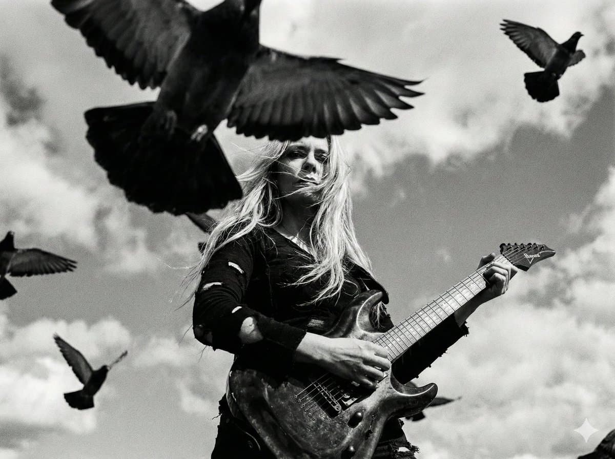 Cinematic Black and White Photo of Woman with Guitar and Pigeons — example 1