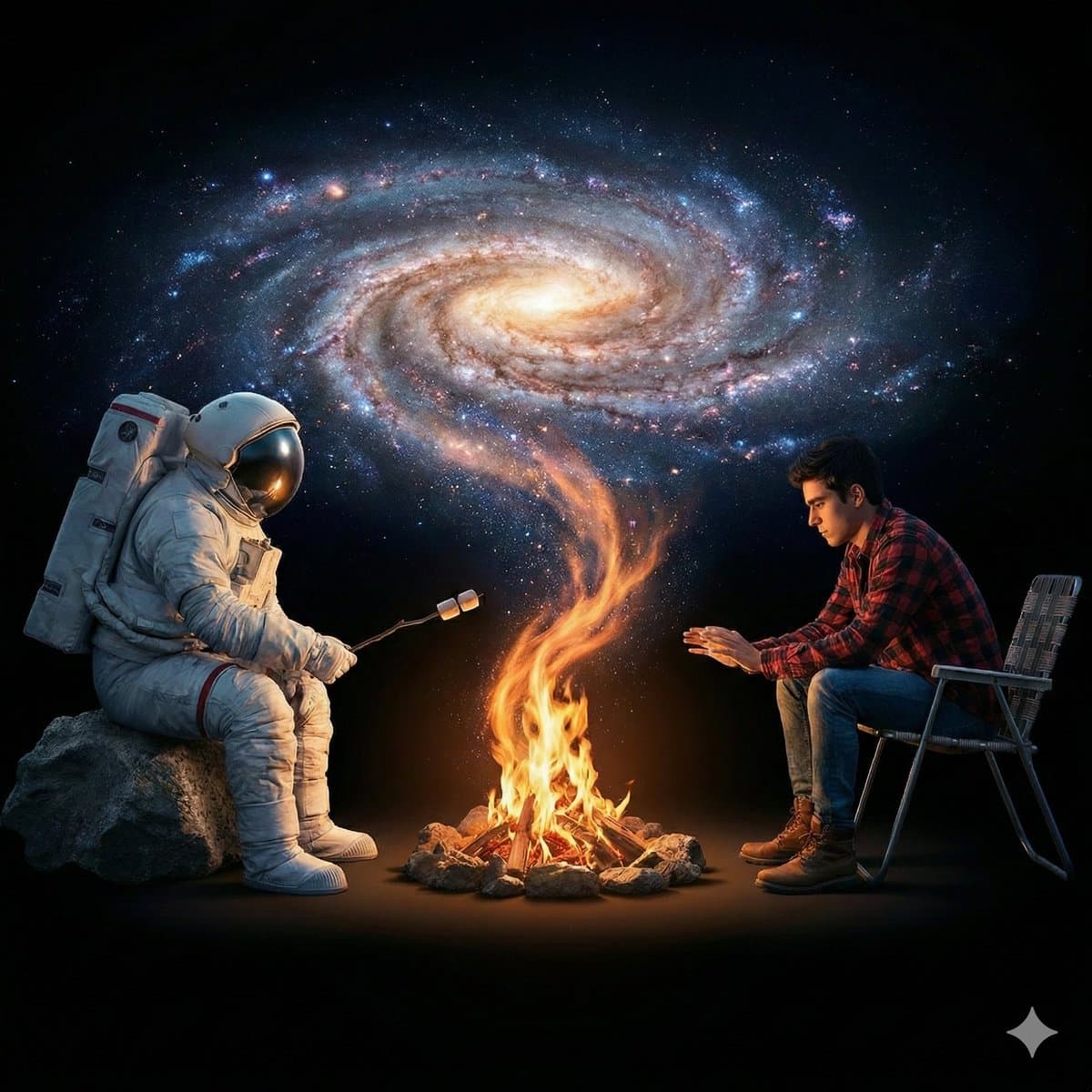 Surreal Cinematic Campfire in Cosmic Void — example 1