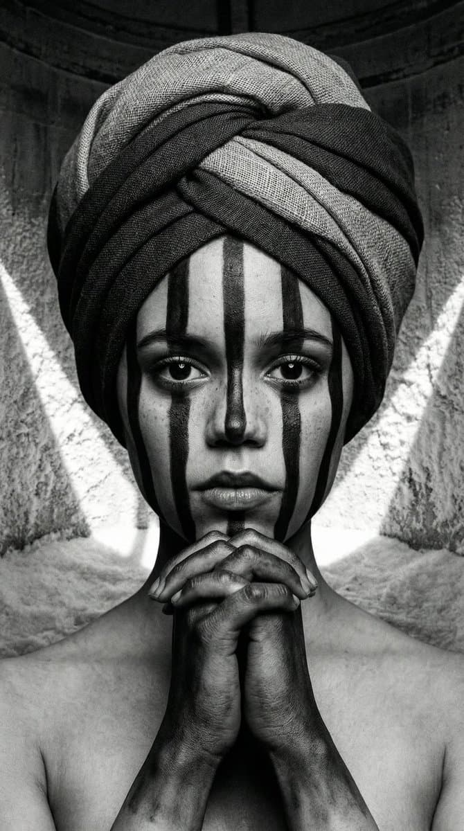 Monochrome Avant-Garde Portrait: Obsidian Ritual — example 1