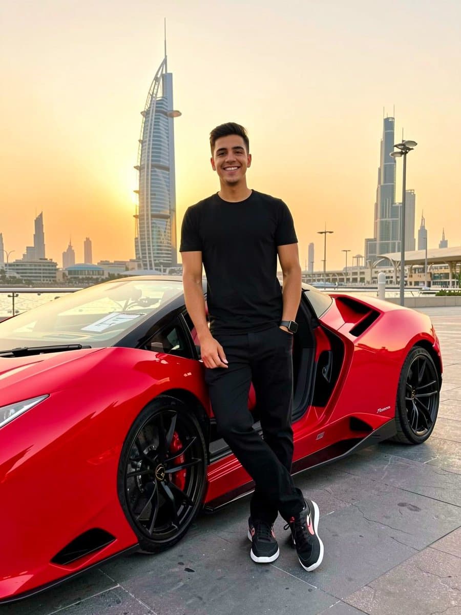 Cinematic Portrait with Lamborghini in Dubai Sunset — example 1
