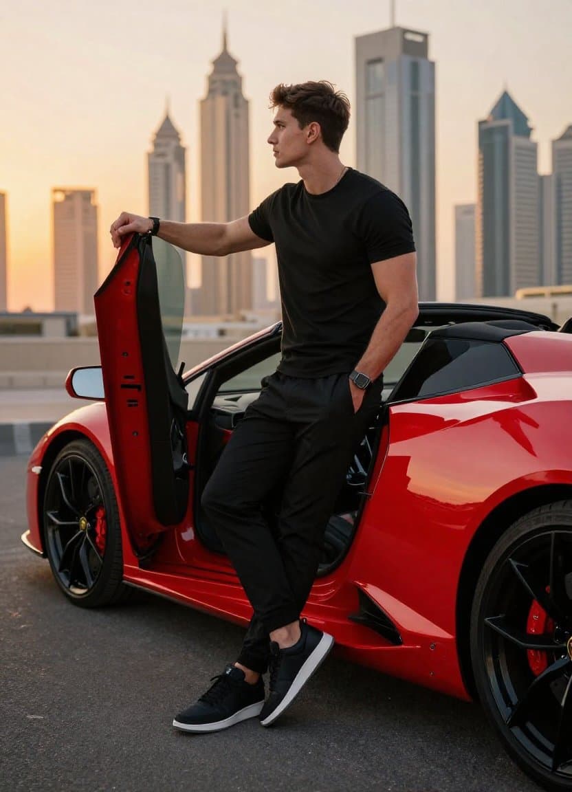 Cinematic Portrait with Lamborghini in Dubai Sunset — example 2