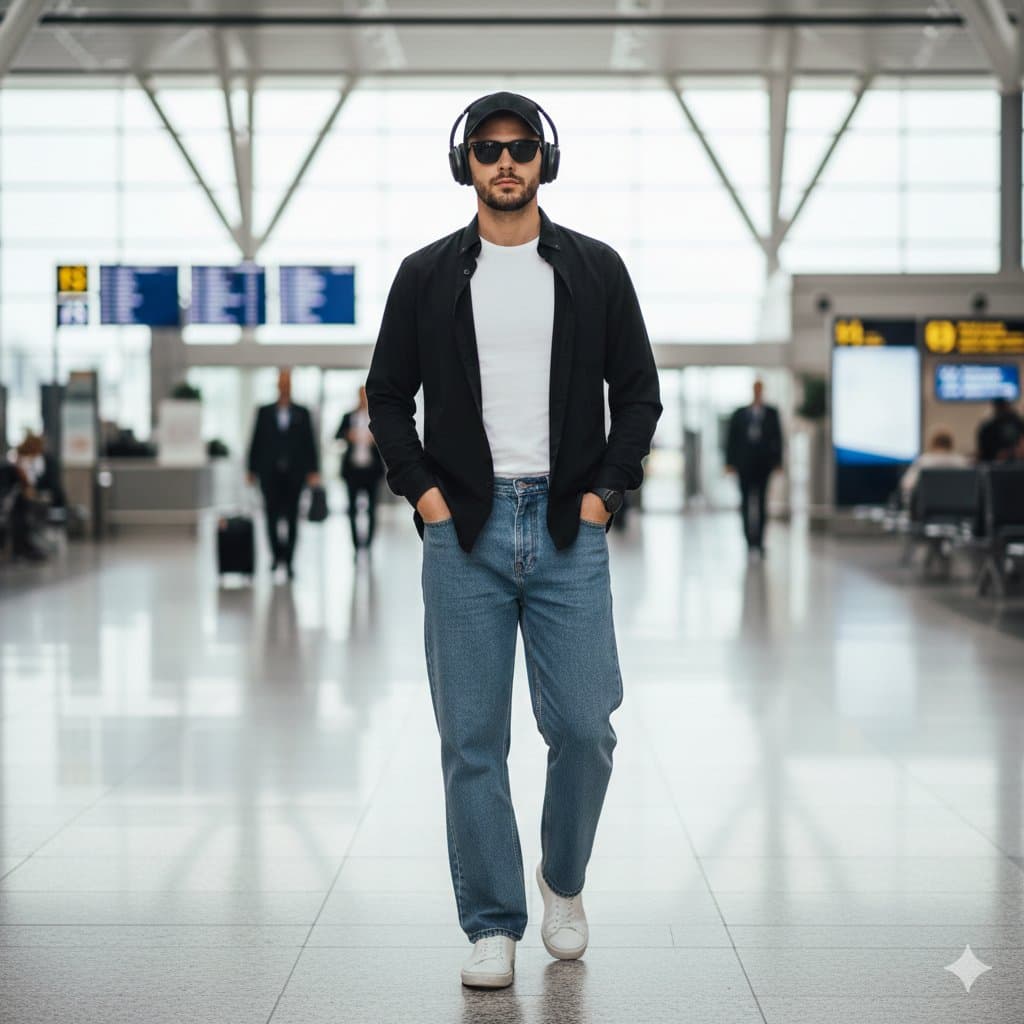 Stylish Man Walking Through Airport Terminal — example 1