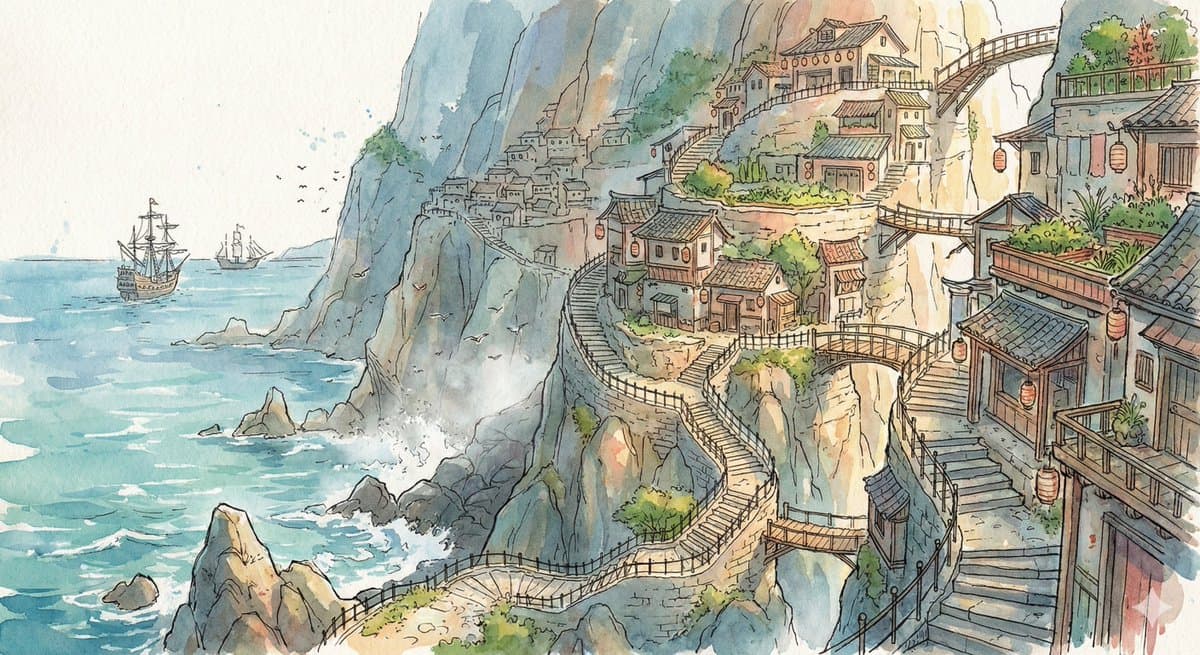 Watercolor Cliffside Village Illustration — example 1