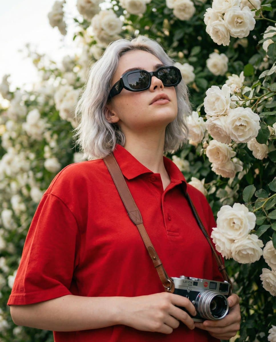 Ultra-Realistic Portrait with Vintage Camera and Flowers — example 2