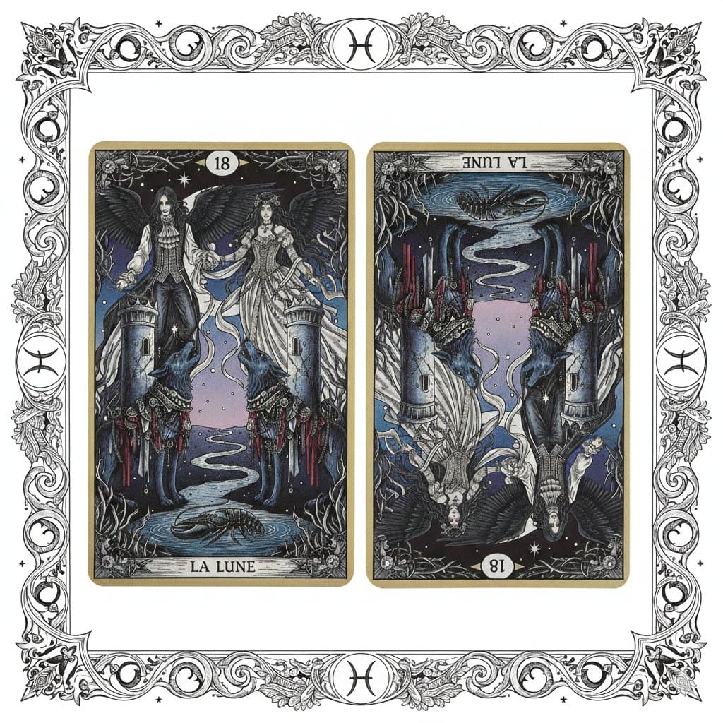 Nano Banana Pro Prompt: Tarot Card 18 (The Moon) with Mális Mizer and Pisces — example 1