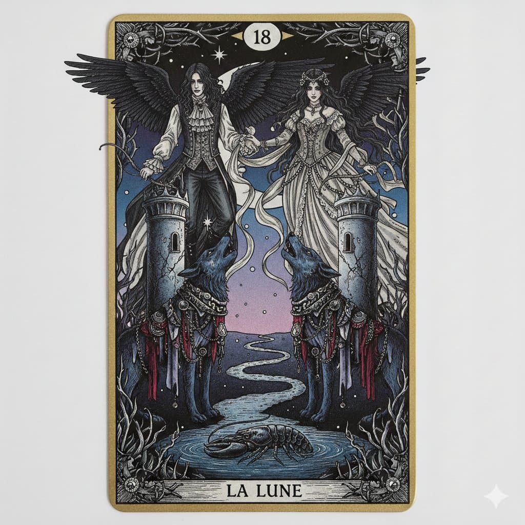 Nano Banana Pro Prompt: Tarot Card 18 (The Moon) with Mális Mizer and Pisces — example 3