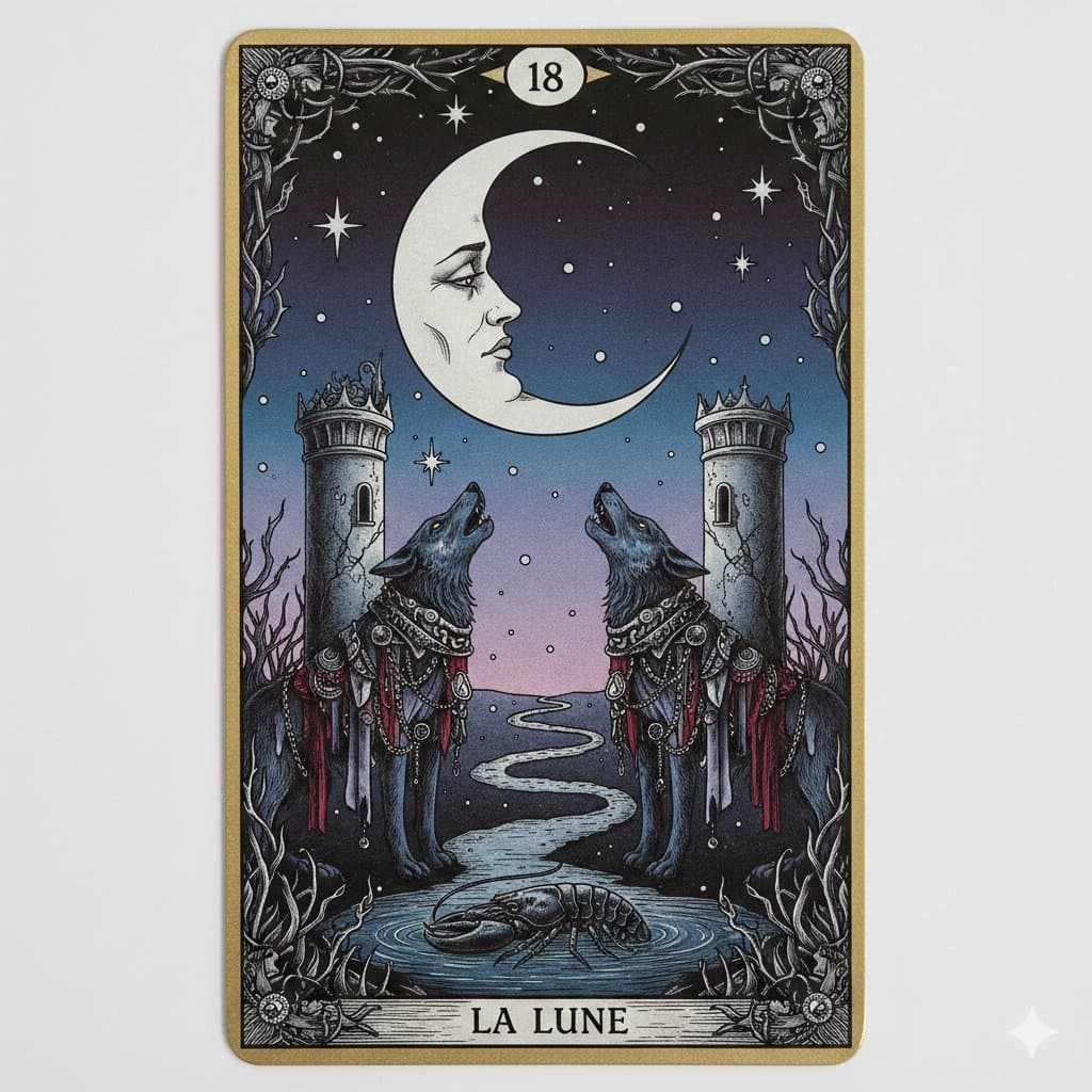 Nano Banana Pro Prompt: Tarot Card 18 (The Moon) with Mális Mizer and Pisces — example 4