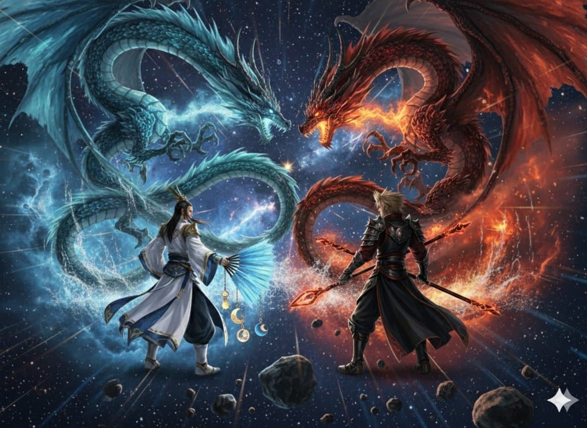 Image generation prompt for Nano Banana Pro: Zhuge Liang vs. Sima Yi in a Final Fantasy X style cosmic battle — example 1