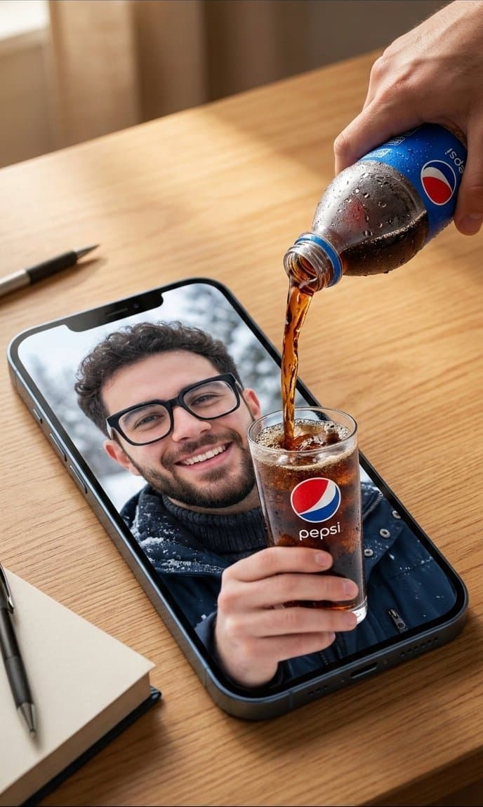 Surreal Commercial Composite: Pepsi Pouring into a Smartphone Screen — example 1