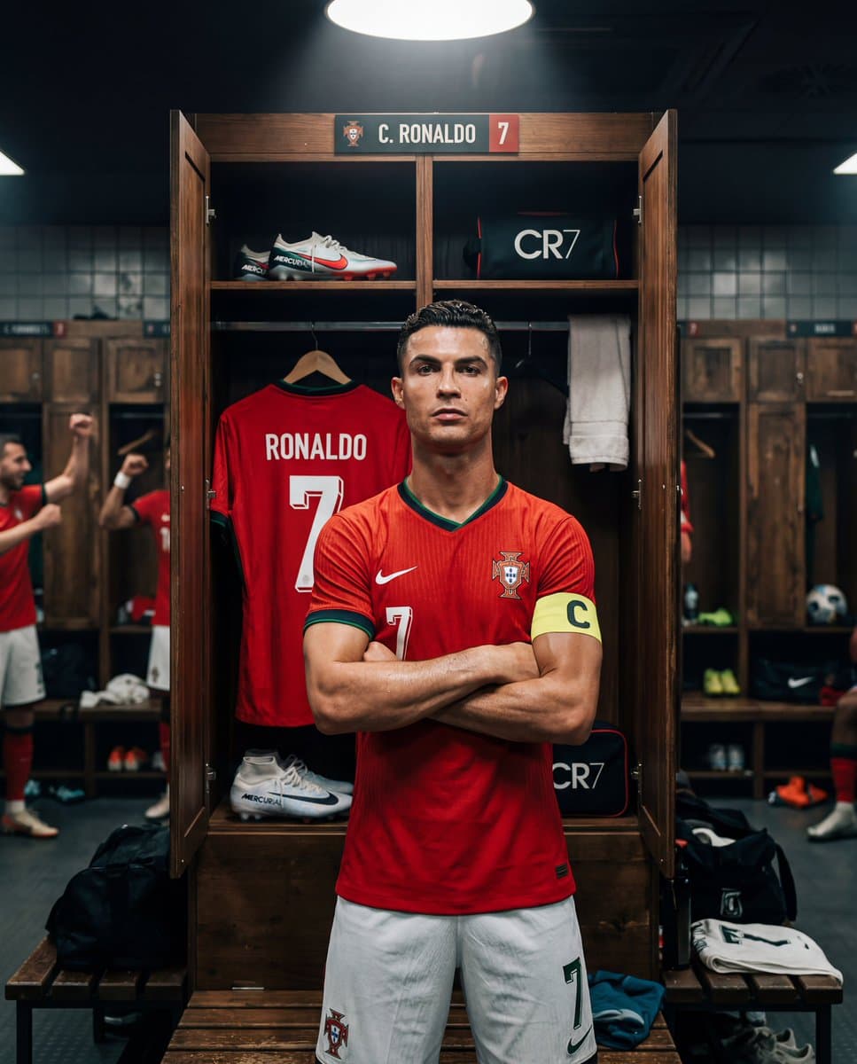 Cinematic Cristiano Ronaldo Locker Room Portrait — example 1