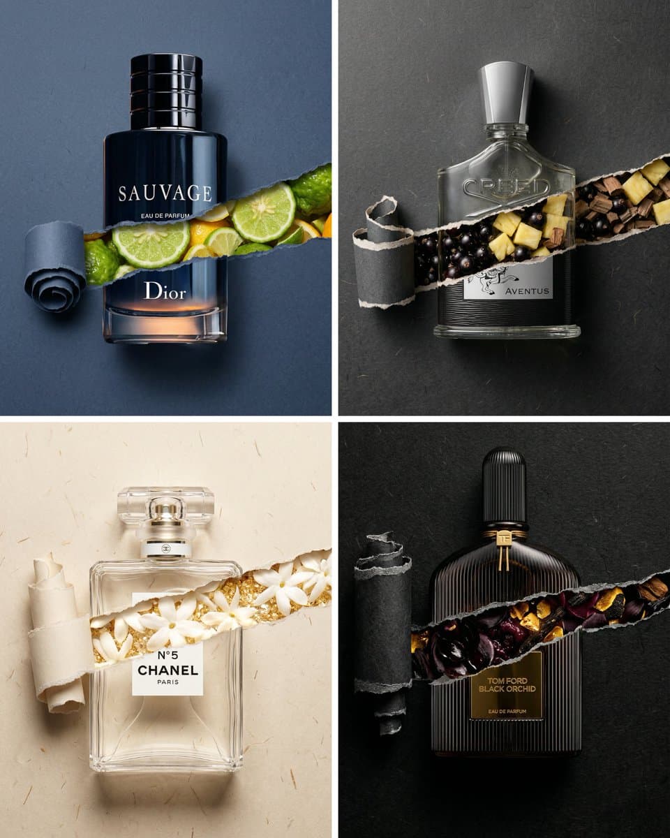 Perfume Bottle Product Shot with Torn Paper Effect — example 1