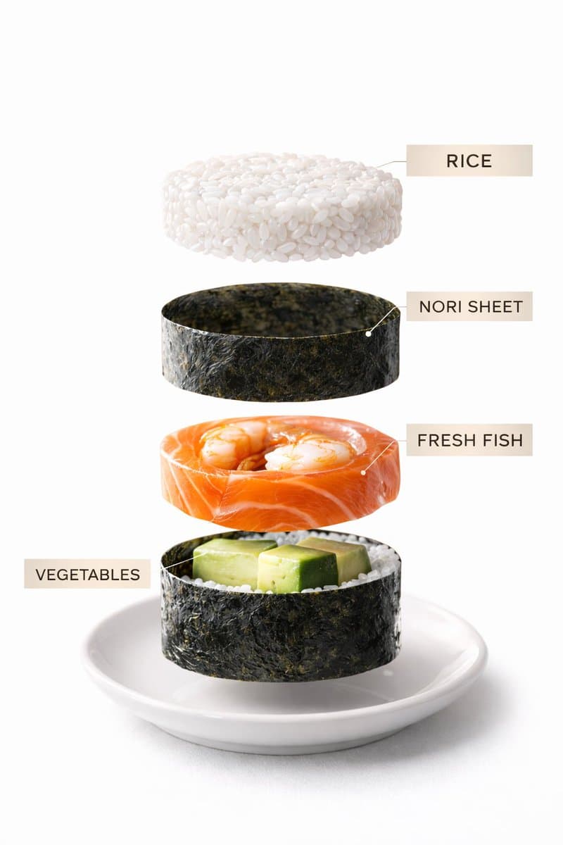 Sushi Commercial Photography and Exploded Diagram Prompt — example 1