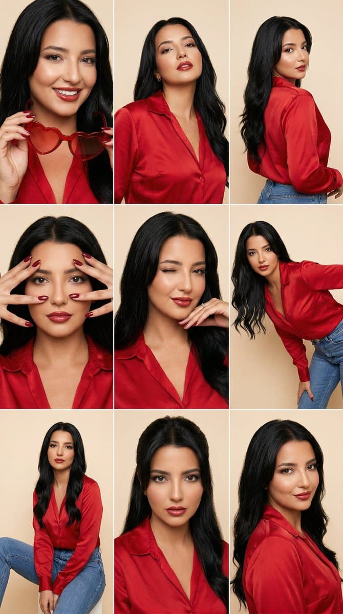 Fashion Editorial Grid Prompt (Red Satin Heart Glasses) — example 1