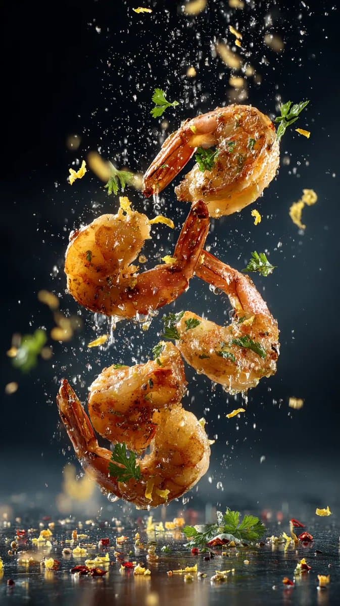 Cinematic Food Photography Prompts for Floating Steak and Shrimp — example 2