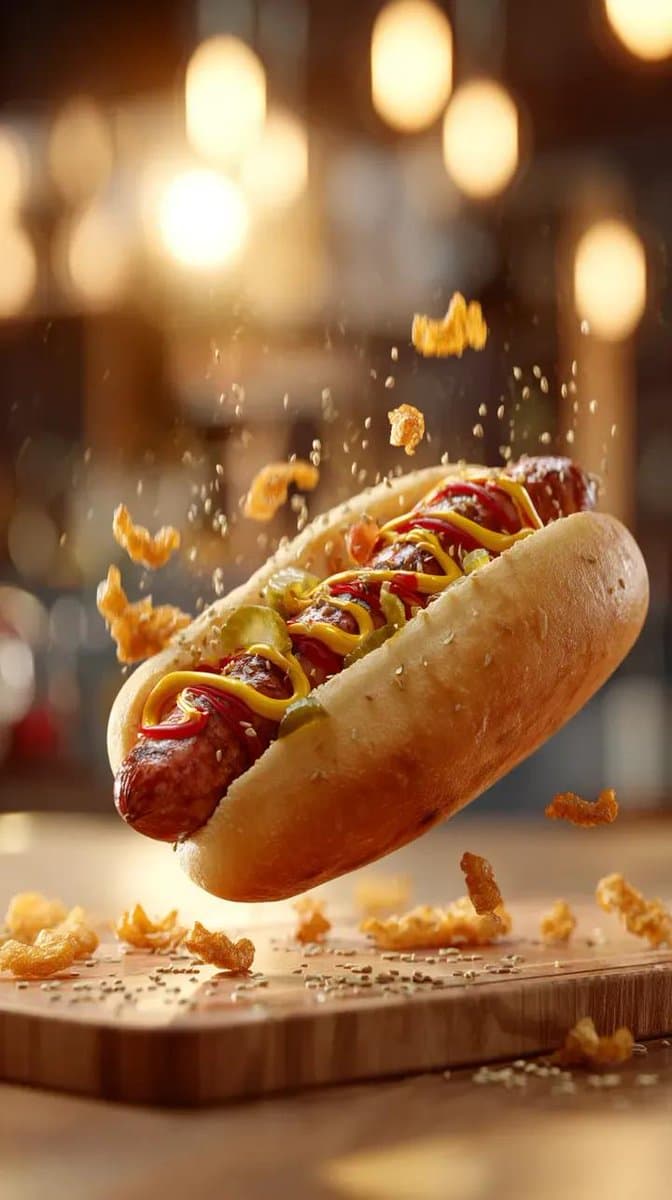 Gourmet Hotdog Mid-Air Drop Cinematic Shot — example 1