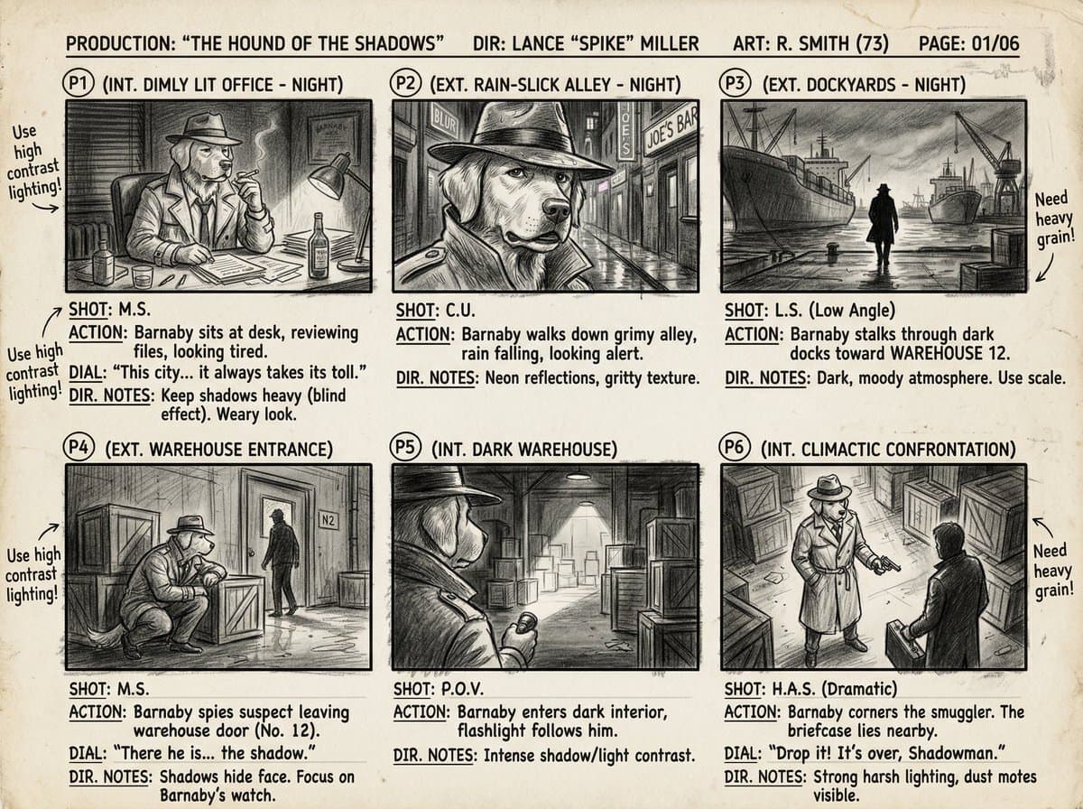 Six-Panel Cinematic Storyboard Sketch — example 2