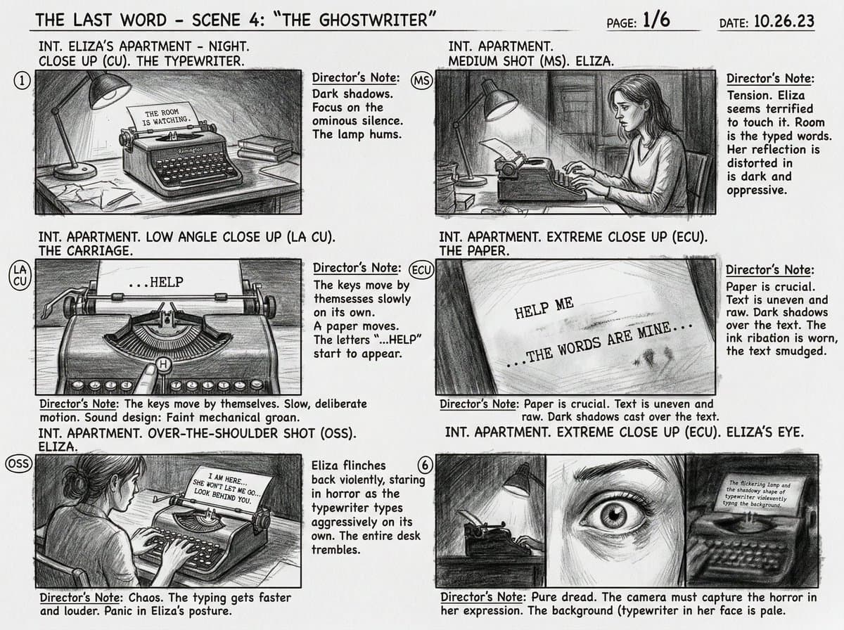 Six-Panel Cinematic Storyboard Sketch — example 3