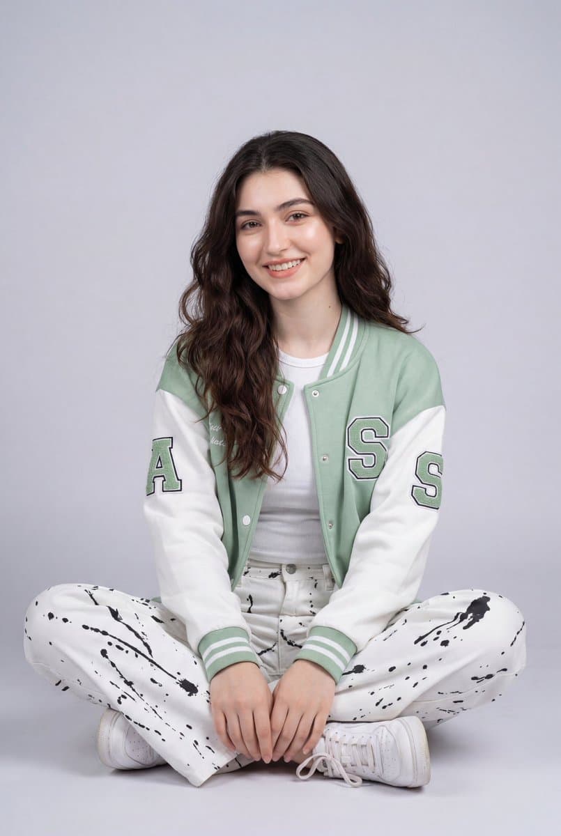 Fashion Studio Portrait in Pastel Green Varsity Jacket — example 1
