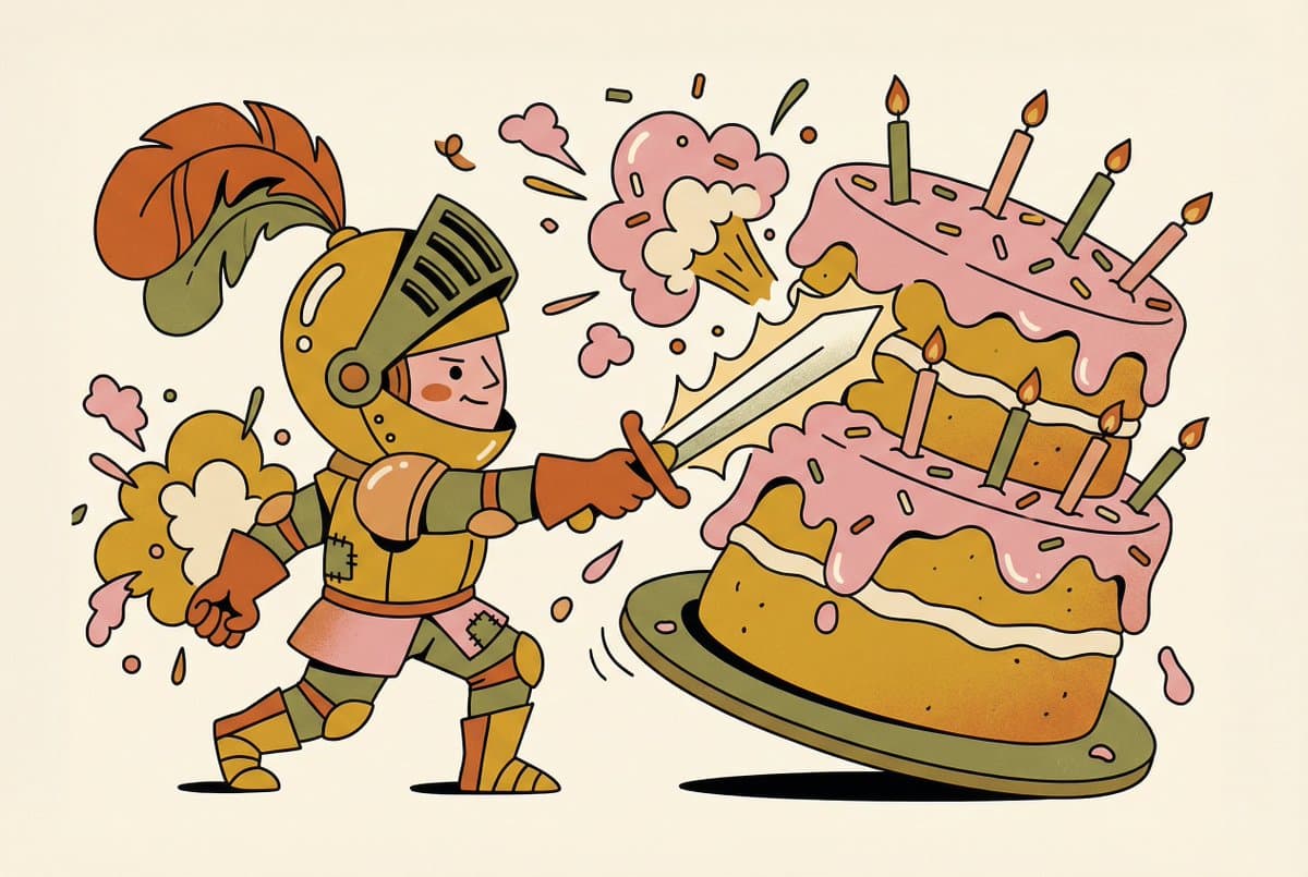 Tiny Medieval Knight vs. Towering Pink Birthday Cake — example 1