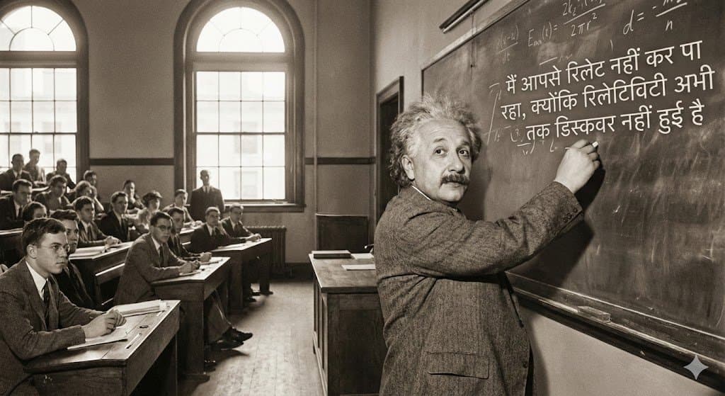 Einstein teaching at MIT with Hindi joke text — example 1