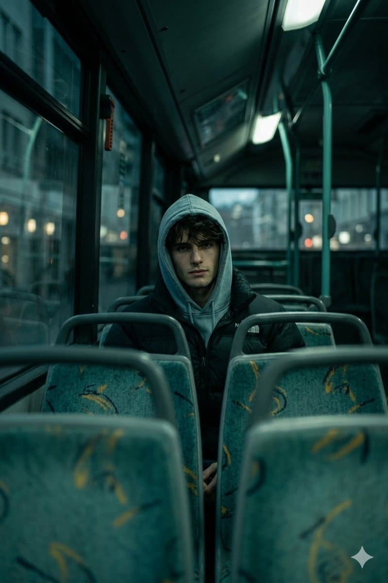 Cinematic Interior Shot of a Man on a Dimly Lit Bus
