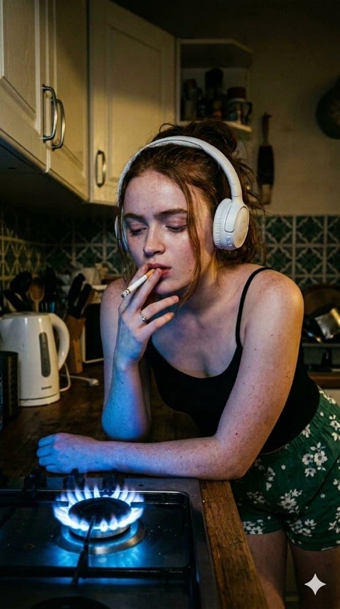 Moody Cinematic Portraits in a Kitchen with Neon Gas Stove Glow — example 3