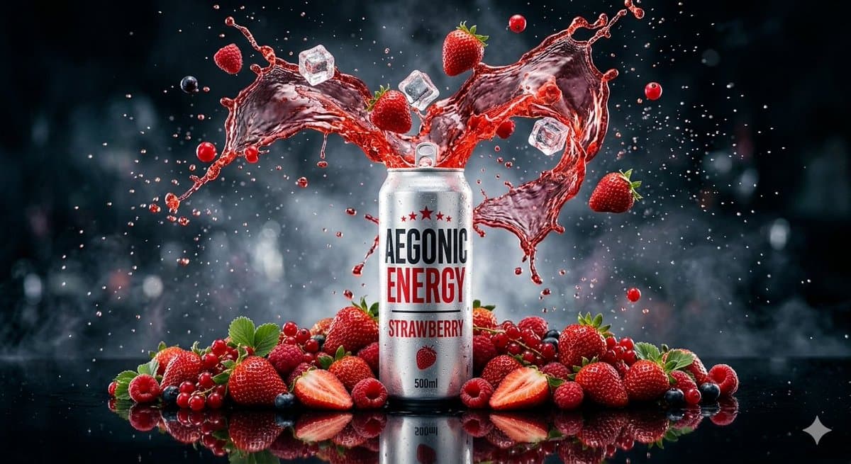 Cinematic Product Photography Prompt: Strawberry Energy Drink Explosion — example 2