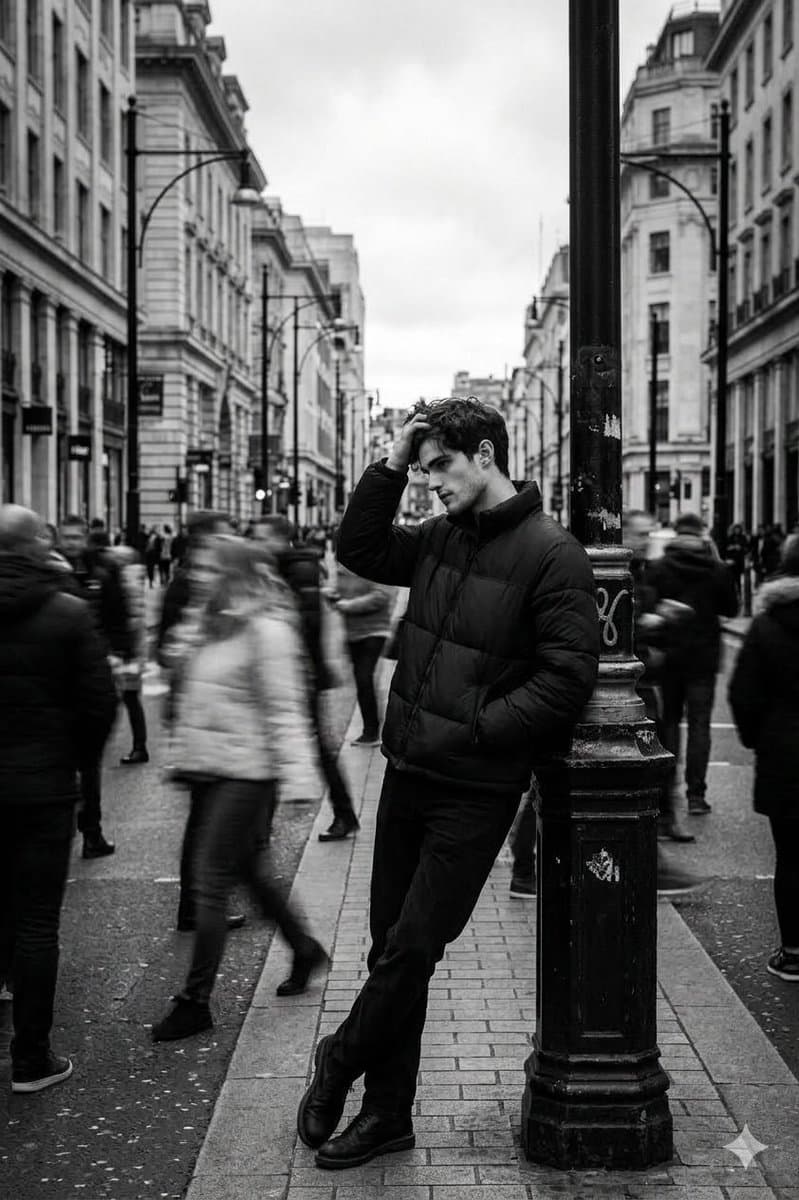 Black and White Cinematic Street Portrait with Motion Blur — example 2