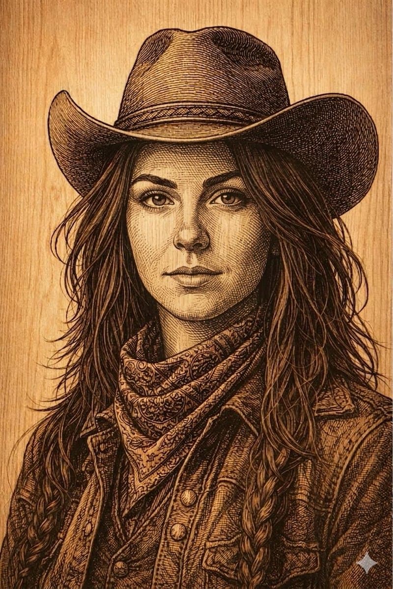 Western Outlaw Woodburning Pyrography Prompt — example 1