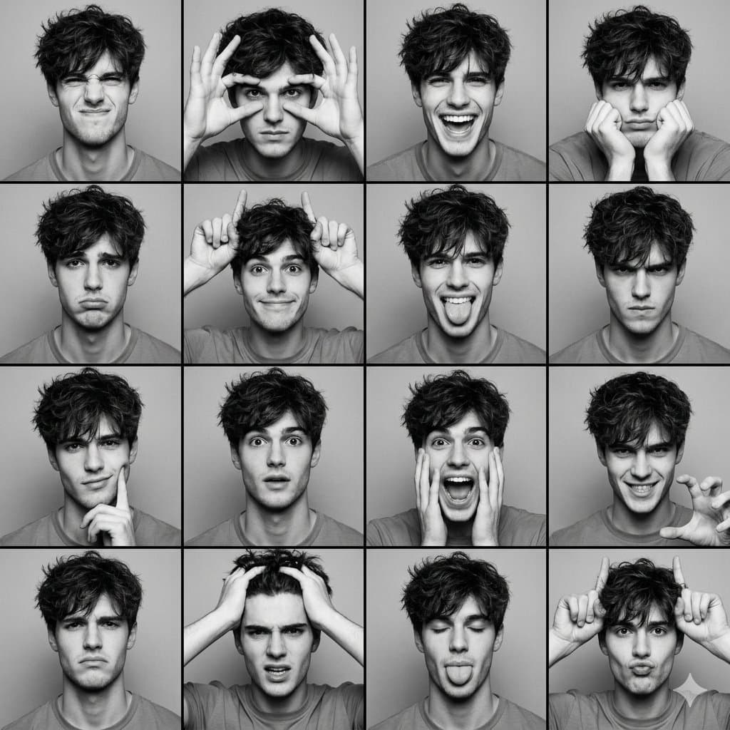 Black and White Photobooth Expression Grid (4x4) — example 1