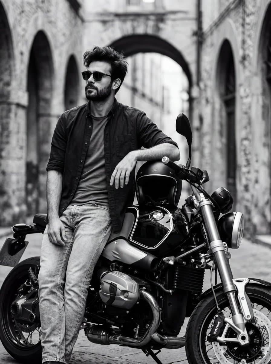 Black and White Cinematic Motorcycle Portrait — example 1