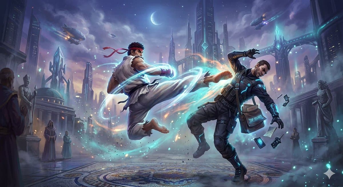 Ryu Performing Tatsumaki Senpukyaku on a Spy in Final Fantasy Style — example 1
