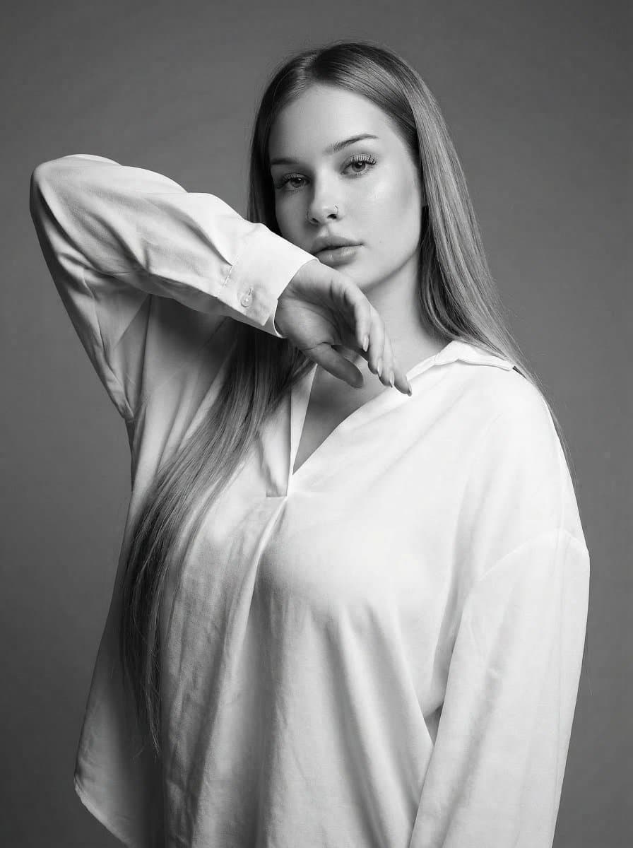 High-Fashion Monochrome Studio Portrait — example 1
