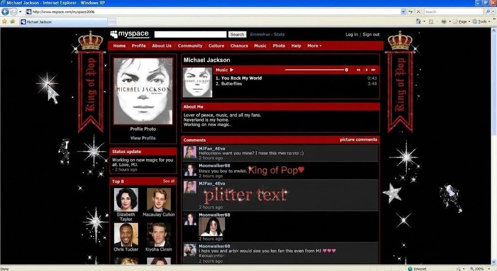 Authentic vintage MySpace page for a person — example 1