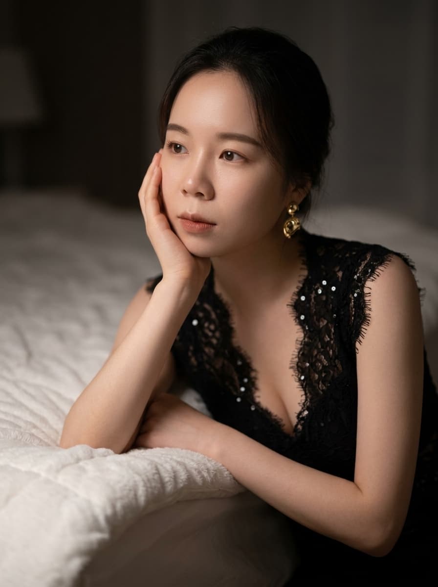 Moody East Asian Fashion Portrait in Bedroom — example 1