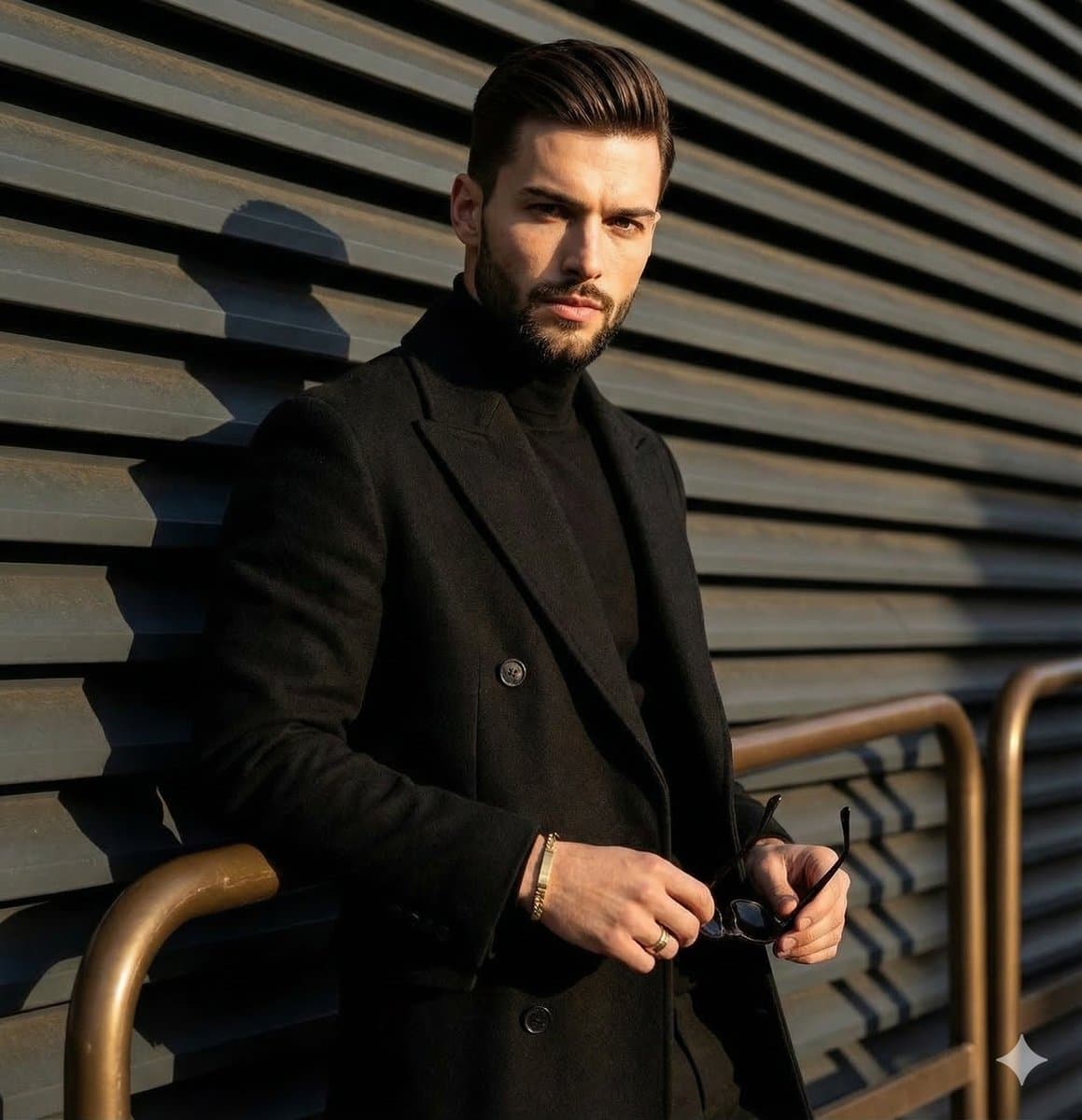 High-contrast editorial portrait of a man leaning on a rail — example 1