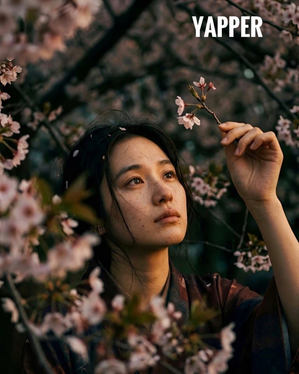Japanese woman in vintage kimono under cherry blossoms — example 1