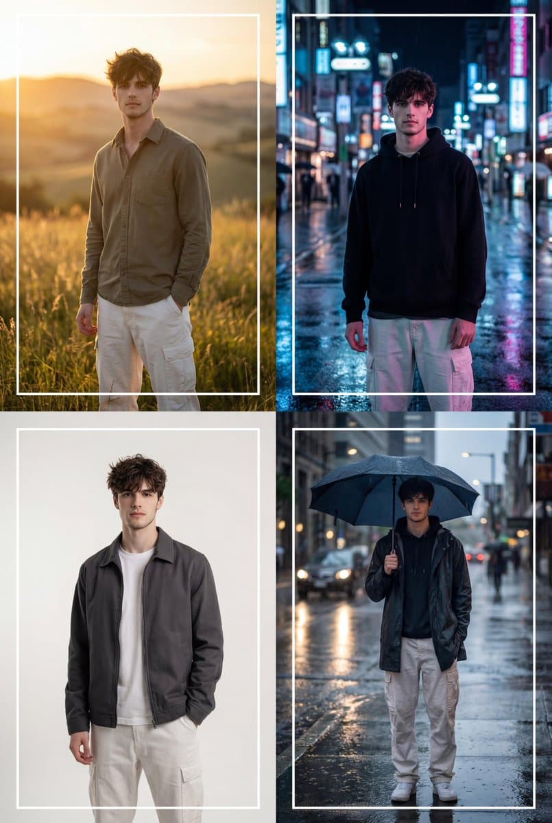 Cinematic 2x2 Grid Portrait with Consistent Identity — example 1