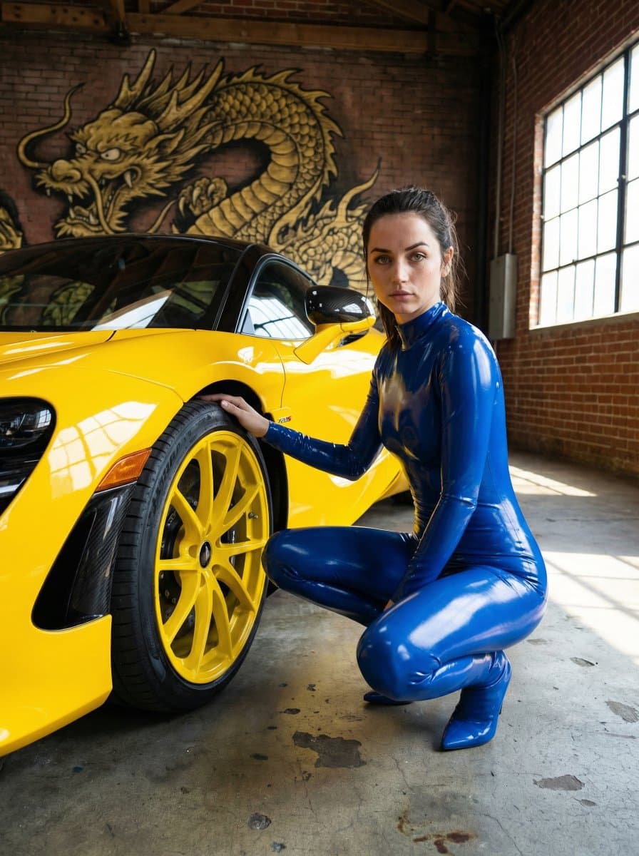 High-Fashion Latex Bodysuit Portraits with Luxury Cars — example 1