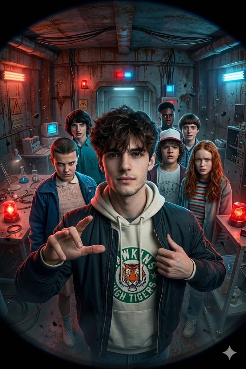 Stranger Things Action Selfie with Fish-Eye Distortion — example 1