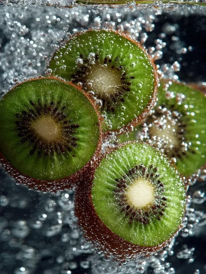 Kiwi Slices in Sparkling Water Macro Shot — example 1