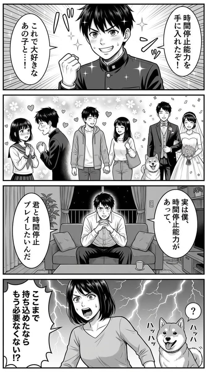 Four-Panel Manga Prompt for Nano Banana Pro: Time Stop Comedy — example 1