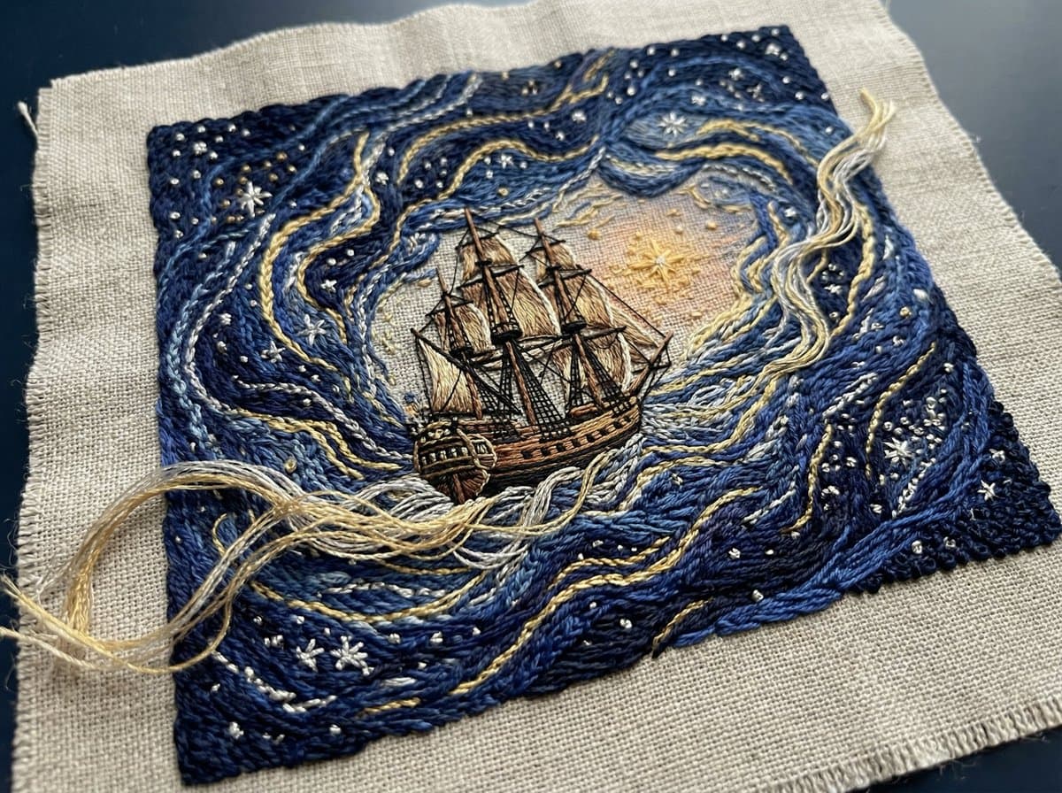Tactile Embroidered Tapestry of a Ship in Nebulae — example 1