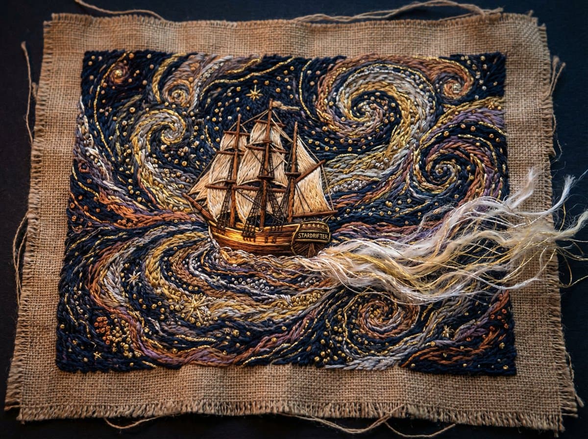 Tactile Embroidered Tapestry of a Ship in Nebulae — example 3