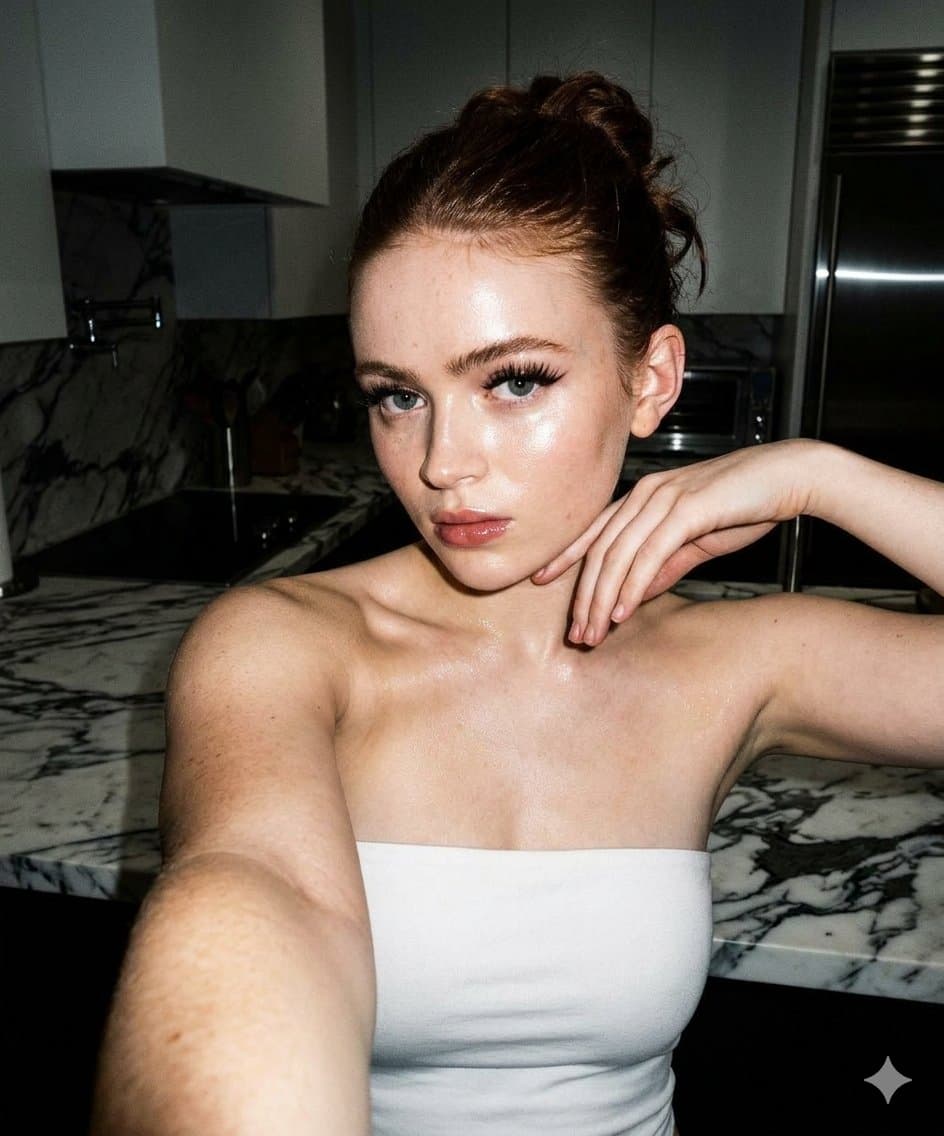 High-Contrast Selfie Photo Prompt in Modern Kitchen — example 1