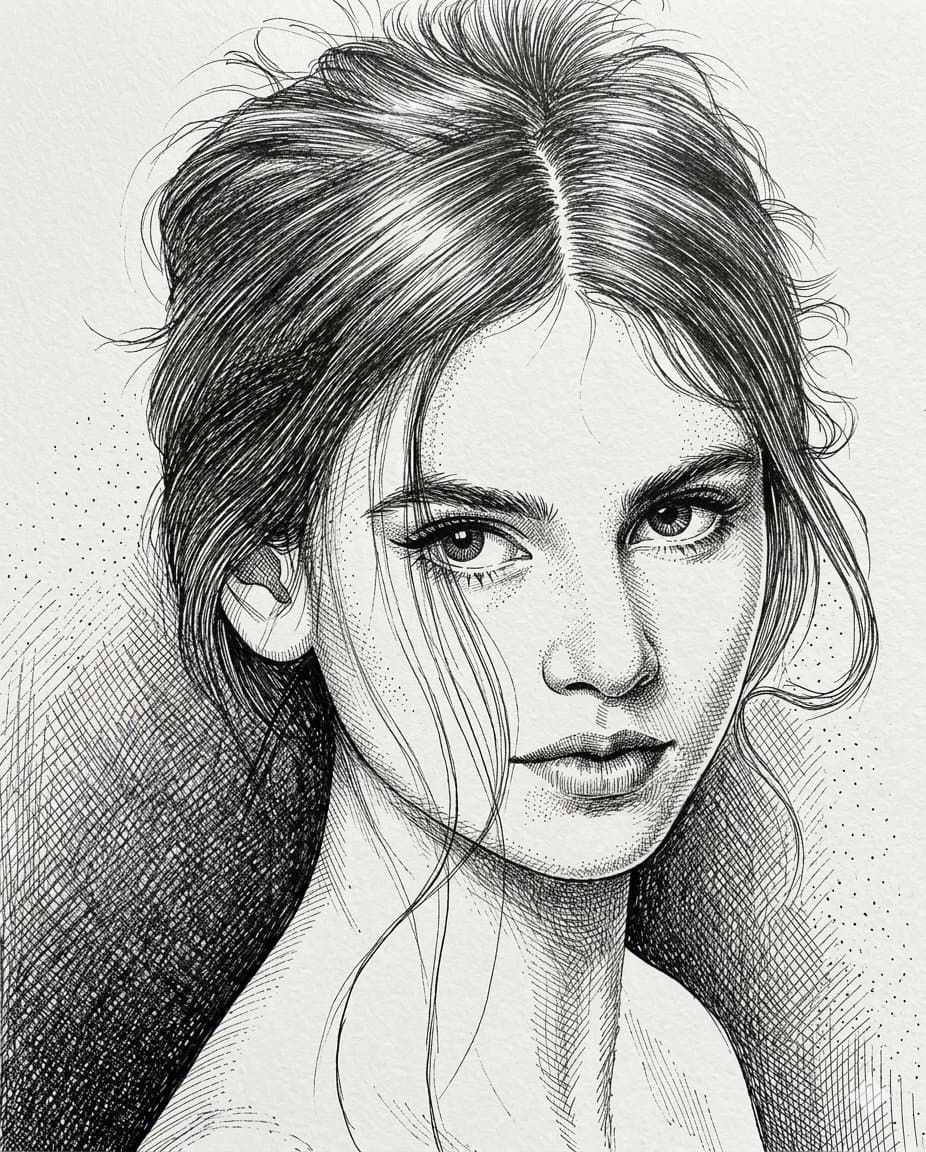 High-Contrast Pen and Ink Portrait — example 1