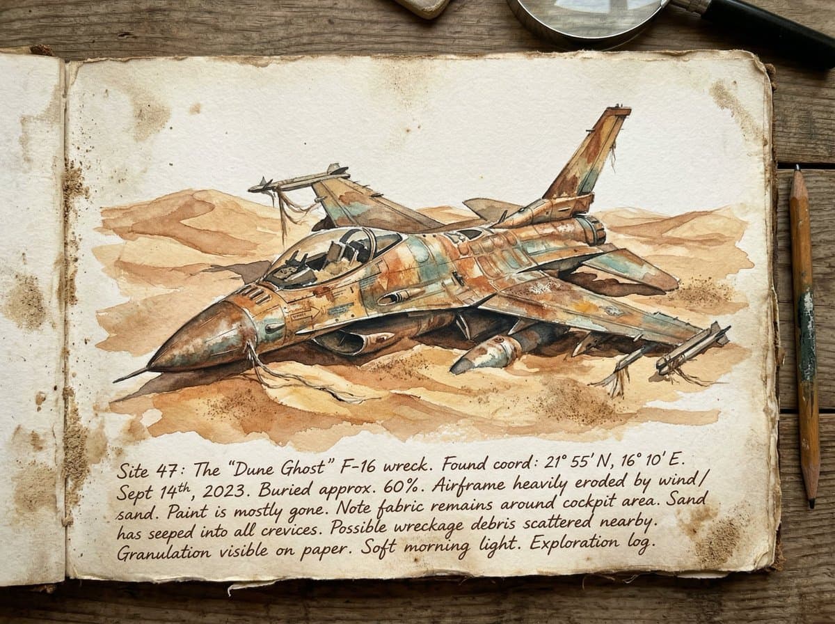 Loose Watercolor of a Half-Buried Fighter Jet in Desert Dunes — example 2