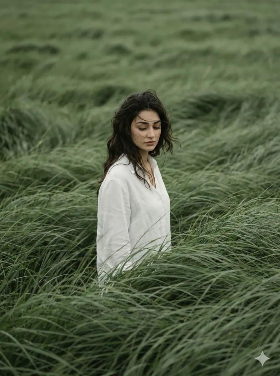 Cinematic Editorial Portrait in Wind-Swept Grass Fields