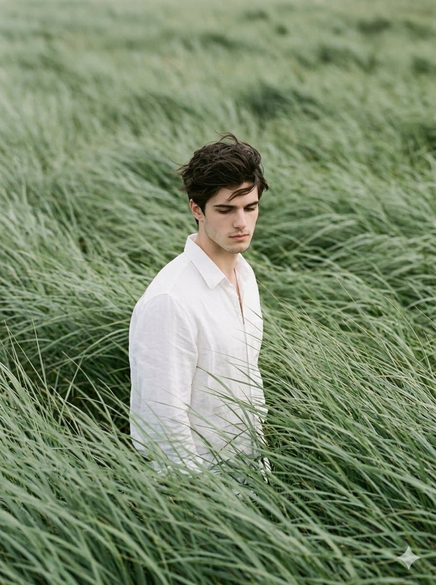 Cinematic Editorial Portrait in Sage Green Grass Fields